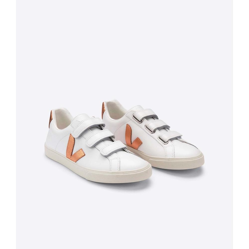 Women's Veja 3-LOCK LEATHER Sneakers White/Orange | ZA 604UZG